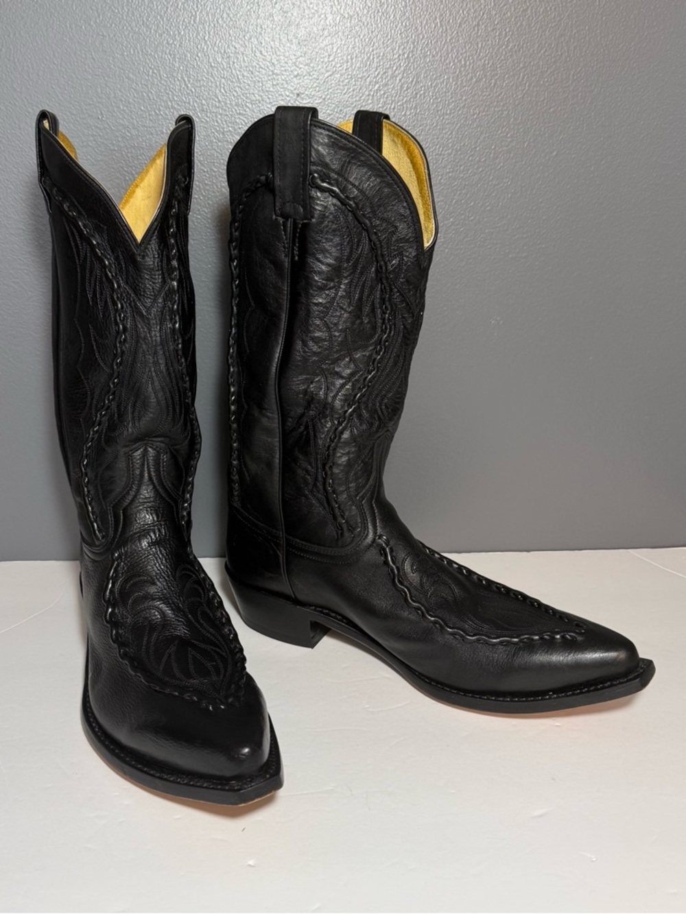 Dan Post Black Bull Hide Leather Braided Cowboy Boots Sz 10 D Made in Mexico